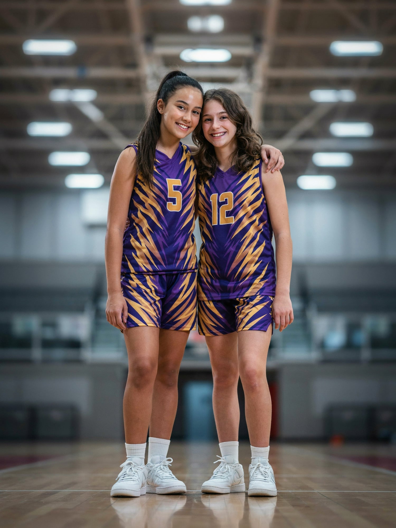 Two smiling basketball players in custom purple and gold uniforms with numbers 5 and 12